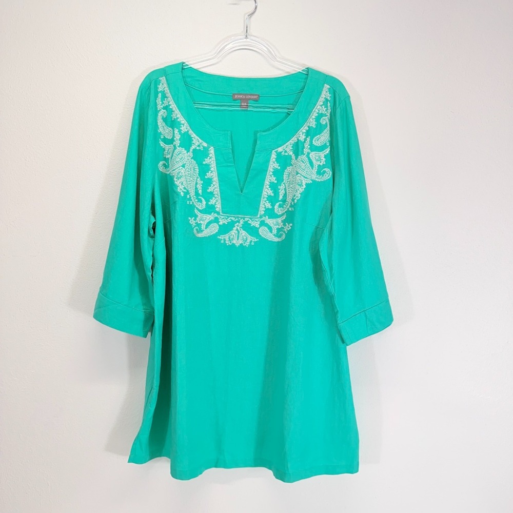 Jessica London 22W Linen Blend Embroidered Tunic Top Boho Paisley Teal Blouse